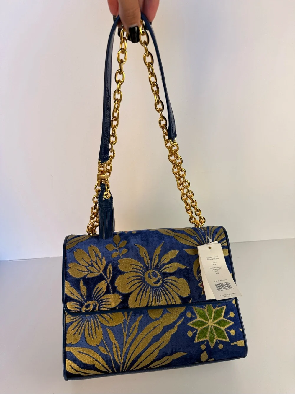 Tory Burch Cosmic Floral Velvet Shoulder Bag Blue Gold Chain $558